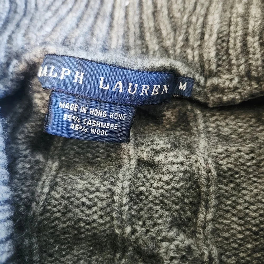 Ralph Lauren Gray Sweater Cardigan Cashmere Wool Button Up Collegiate Chunky Med - Picture 4 of 8